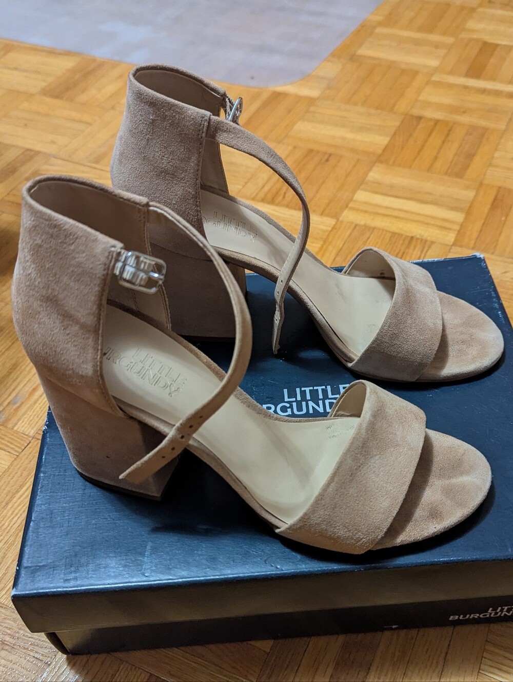 Little Burgundy Tan Suede Block Heel Sandals with Ankle Strap